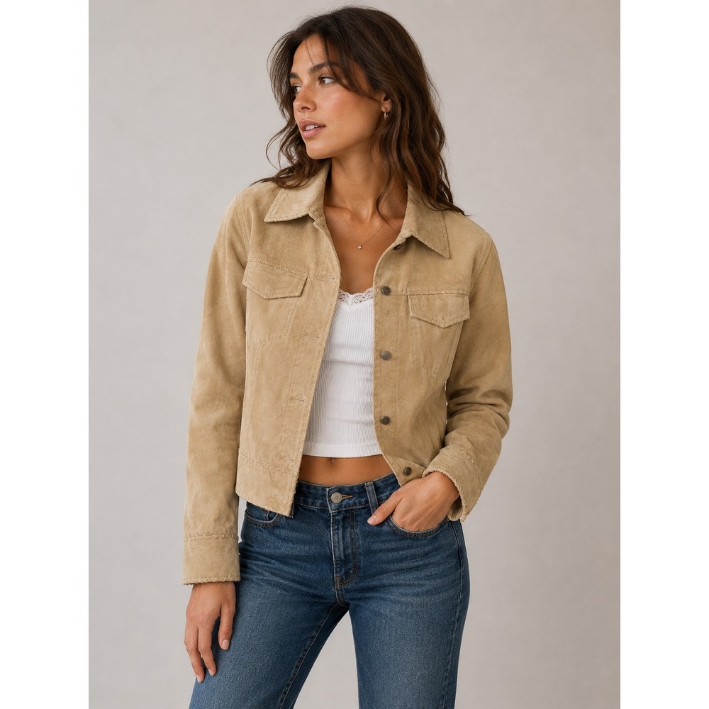 Tres Jolie Tan Suede Leather Jacket Whipstitch Western Boho Snap Front Small |r1